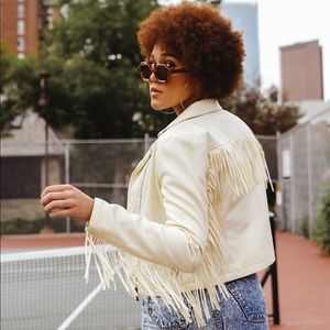 YOKI White Fringe Faux Leather Moto Jacket